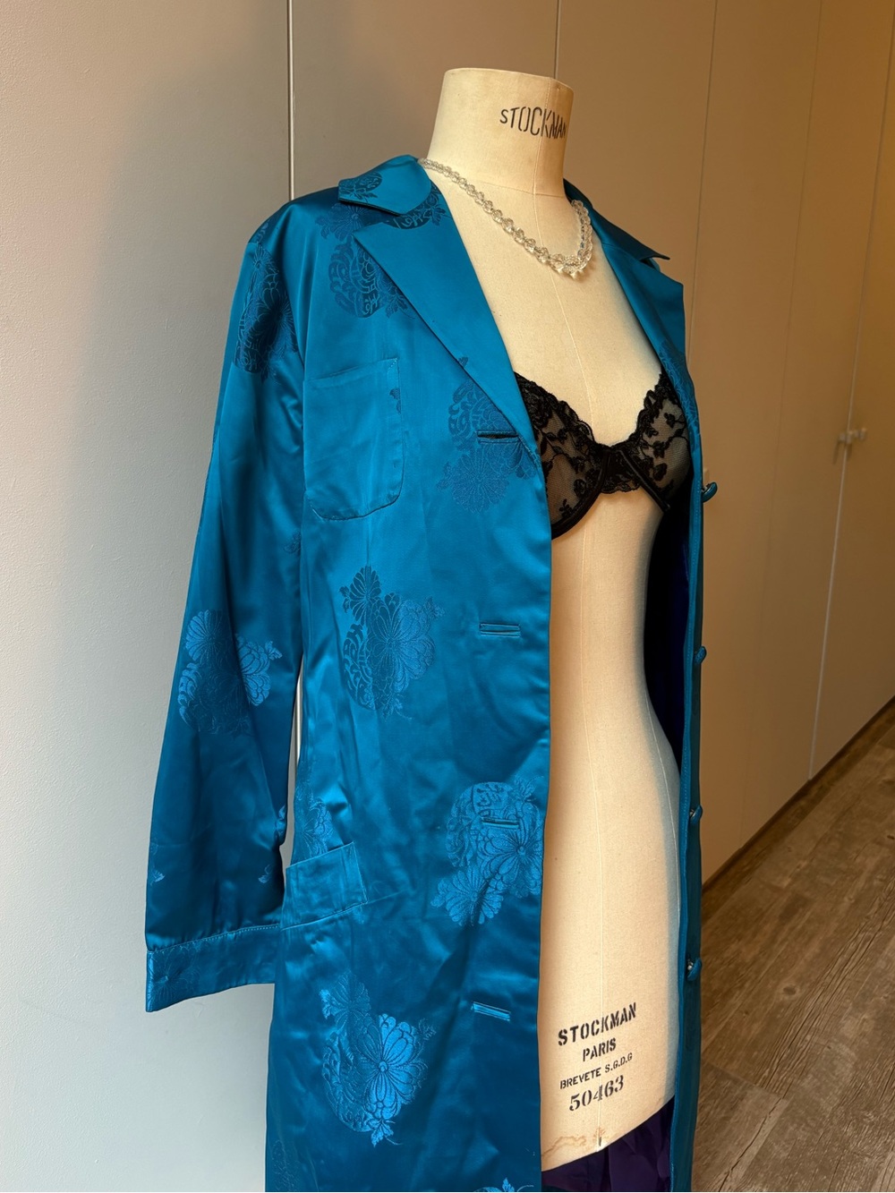 Silk-Blend Teal Button-Front Robe embroidered full length kimono